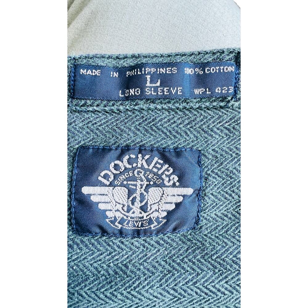 🧵 Dockers Mens L 100% Cotton Green Utility Shirt Workwear Pockets Country Coded - Picture 4 of 4